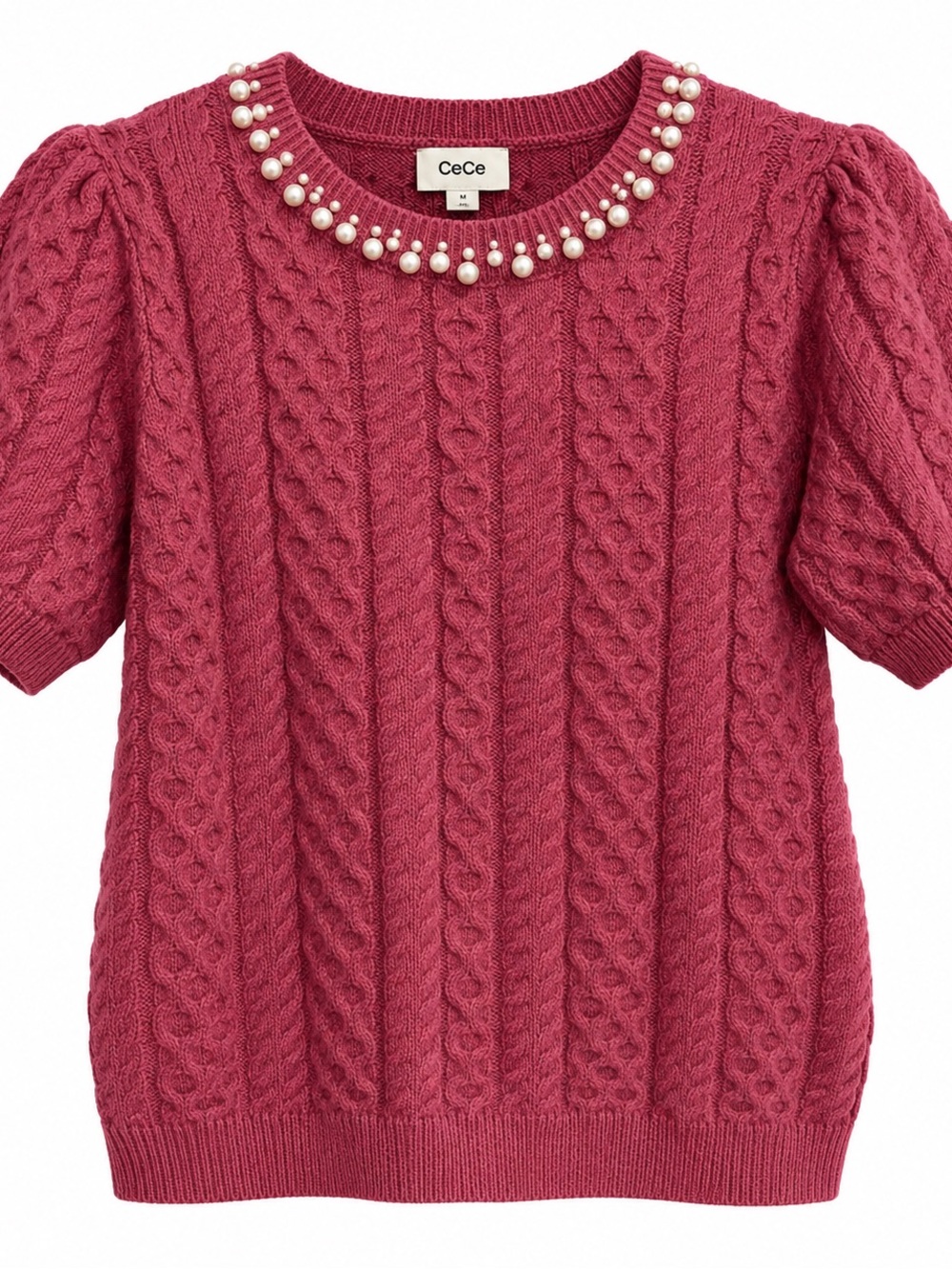 Blouse 👚 CeCe Raspberry Pink Pearl-Trim Cable Knit Short Sleeve Sweater